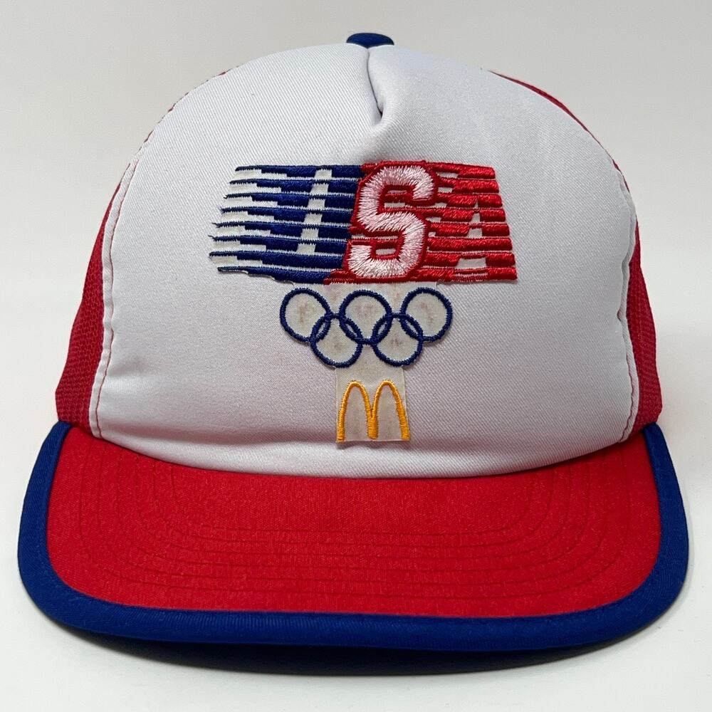 Vintage 80s USA Olympics McDonalds Trucker Hat Baseball Cap Mesh Snapback Red